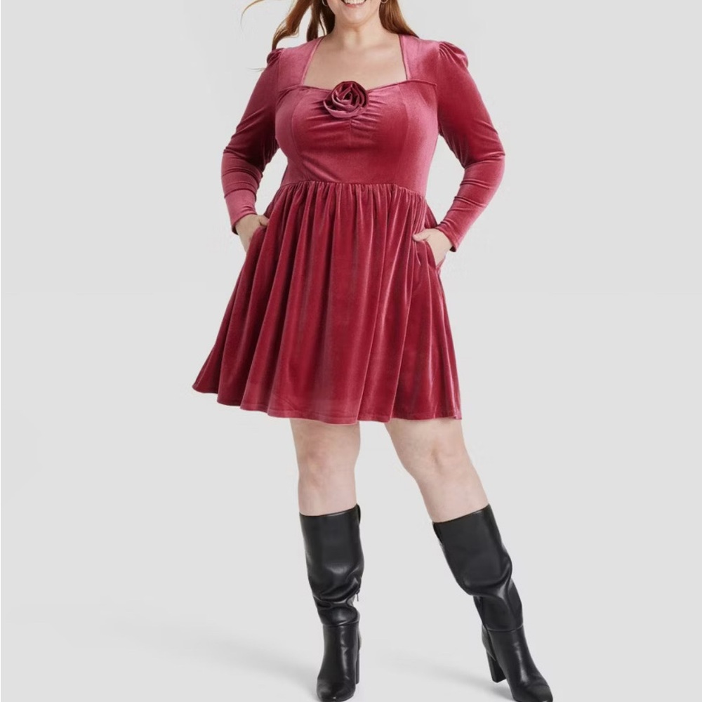 Ava & Viv Long Sleeve Velvet Rosette Dress in Rich Burgundy
